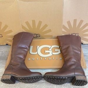New Women’s UGG Seldon Leather Dark Chestnut Zip Up Heel Padded Knee High Boots